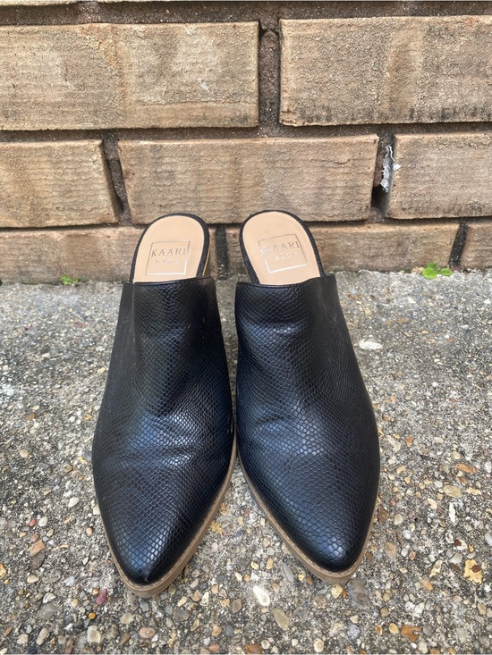 Kaari Blue Shoes - Kaari Blue "Eliza" snake-print pointed-toe block-heel mules in black Women’s 8